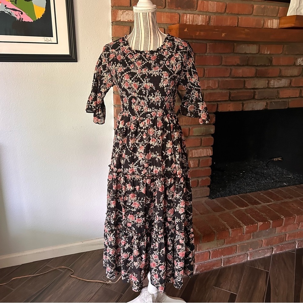 Jessakae Floral Print Smocked Tiered Midi Dress Sz XS